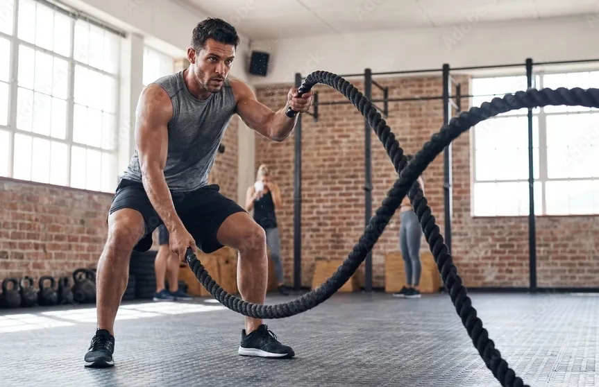 Fit middle-aged man completing a controlled strength-training workout