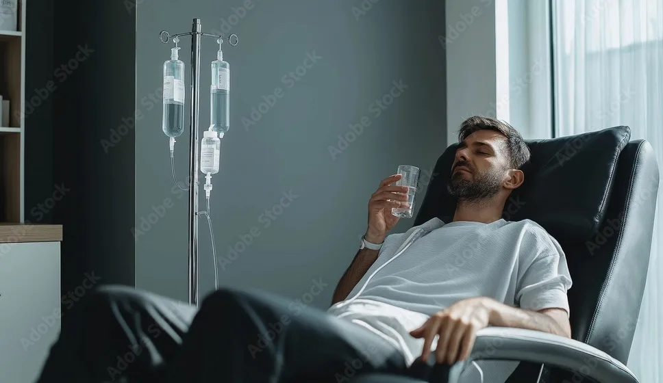 Male patient receiving IV hydration in a modern wellness clinic