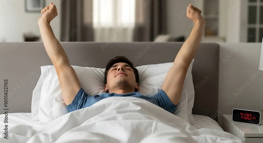 Healthy middle-aged man starting his morning feeling refreshed